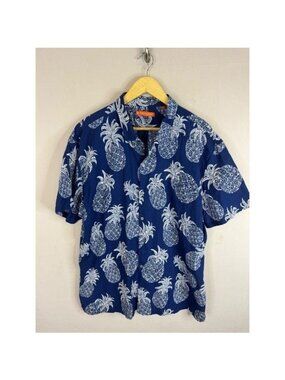 Tori Richard Mens 2XL Pineapple Print Cotton Pucker Lawn Aloha Shirt Navy Blue